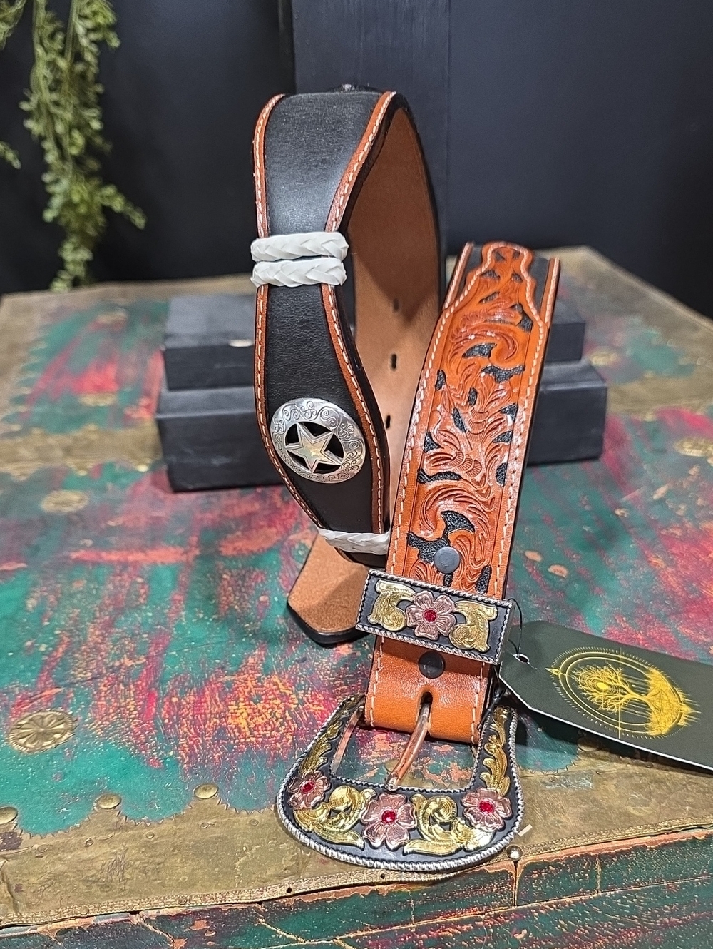 Ranger Tooled Leather Western Belt with Decorative Buckle - Black & Brown